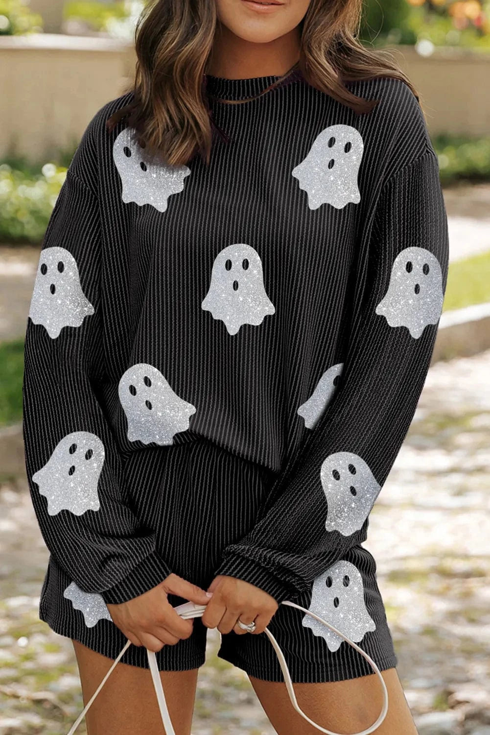Trendsi set Black / S Glitter Ghost Round Neck Long Sleeve Top and Shorts Set
