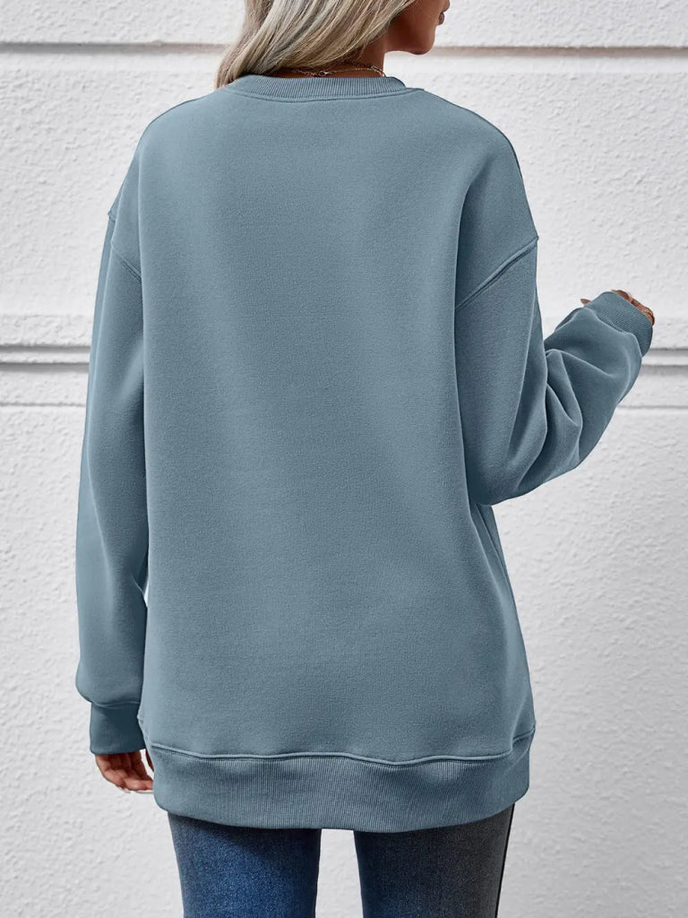 Graphic Round Neck Dropped Shoulder Sweatshirt - Air Force Blue by Trendsi from FREYA’S CLOSET