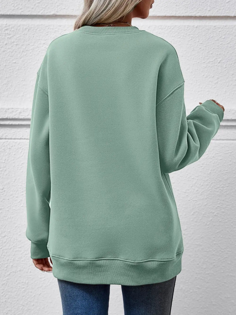 Graphic Round Neck Dropped Shoulder Sweatshirt - Sage by Trendsi from FREYA’S CLOSET