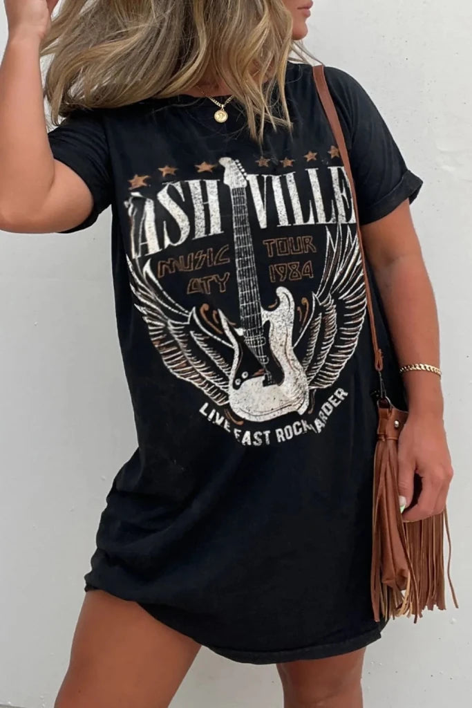 Graphic Round Neck Short Sleeve Tee Dress - Black by Trendsi from FREYA’S CLOSET