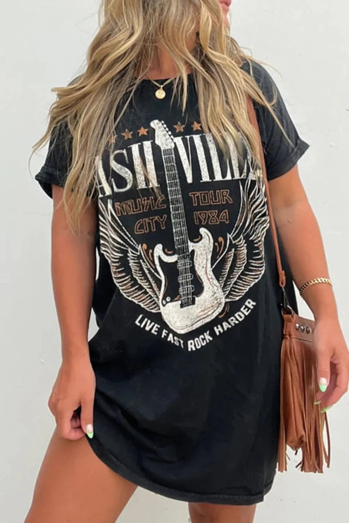 Graphic Round Neck Short Sleeve Tee Dress - Black by Trendsi from FREYA’S CLOSET