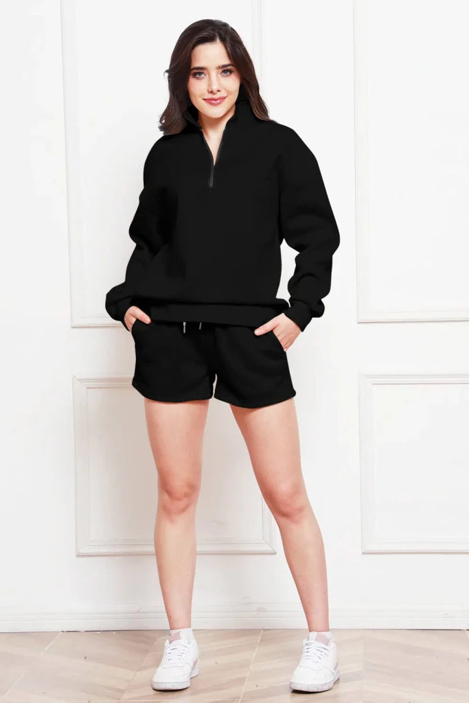 Half-zip long sleeve sweatshirt and drawstring shorts set, alternate product image