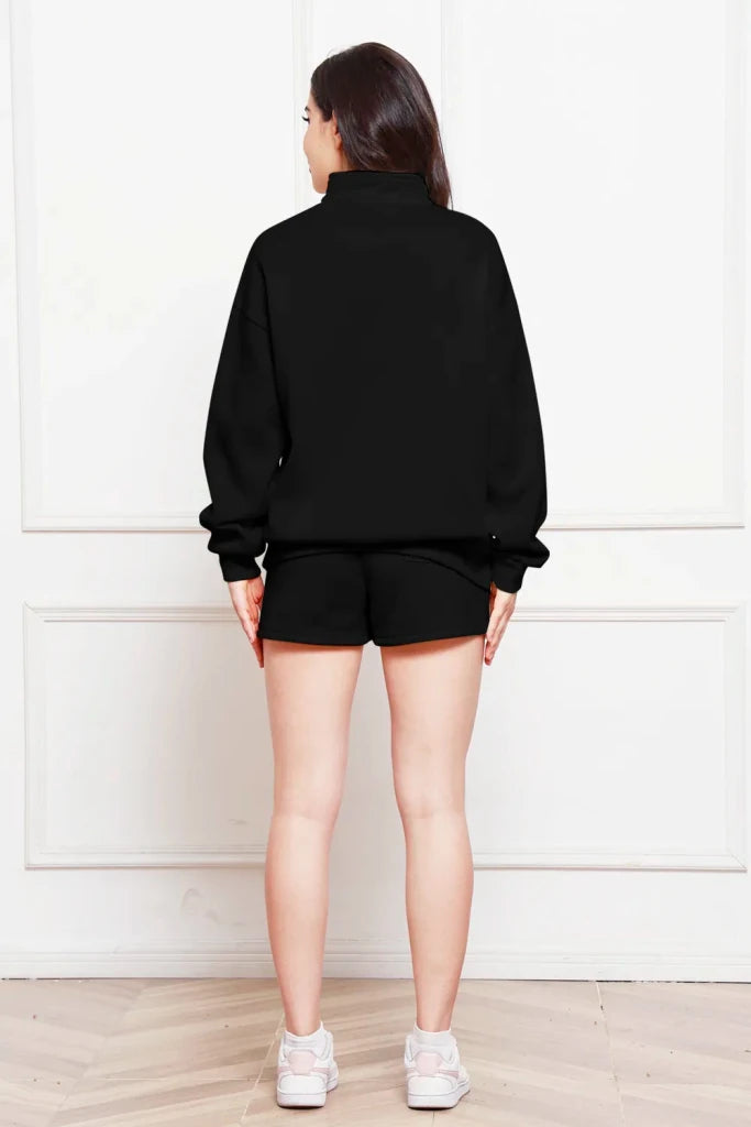 Half-zip long sleeve sweatshirt and drawstring shorts set, alternate product image