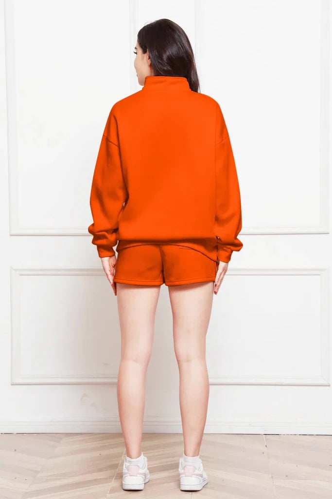 Half-zip long sleeve sweatshirt and drawstring shorts set, alternate product image