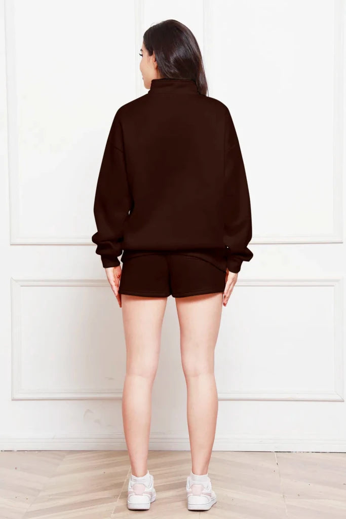 Half-zip long sleeve sweatshirt and drawstring shorts set, alternate product image