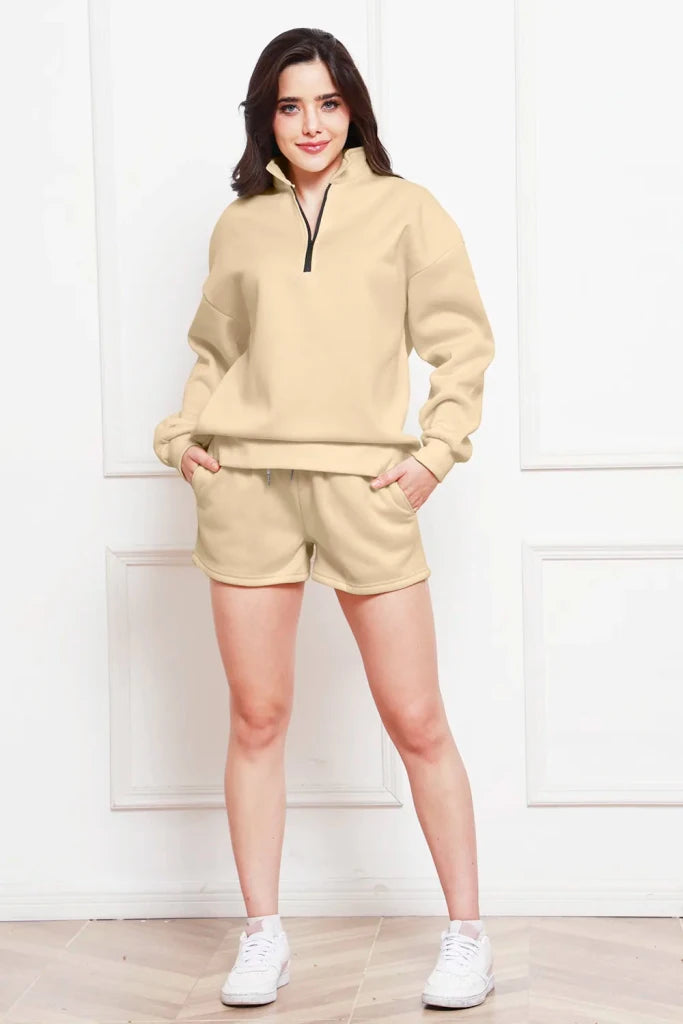 Half-zip long sleeve sweatshirt and drawstring shorts set, alternate product image