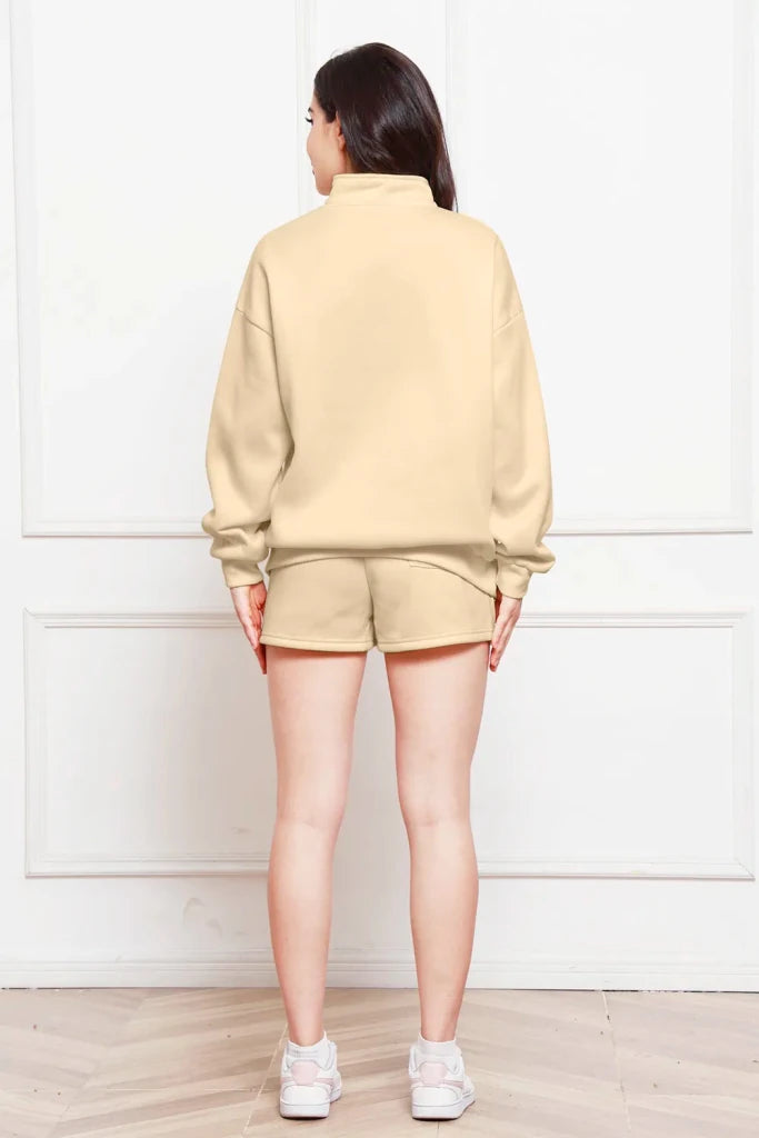 Half-zip long sleeve sweatshirt and drawstring shorts set, alternate product image