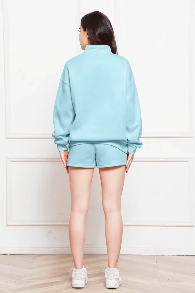 Half-zip long sleeve sweatshirt and drawstring shorts set, alternate product image