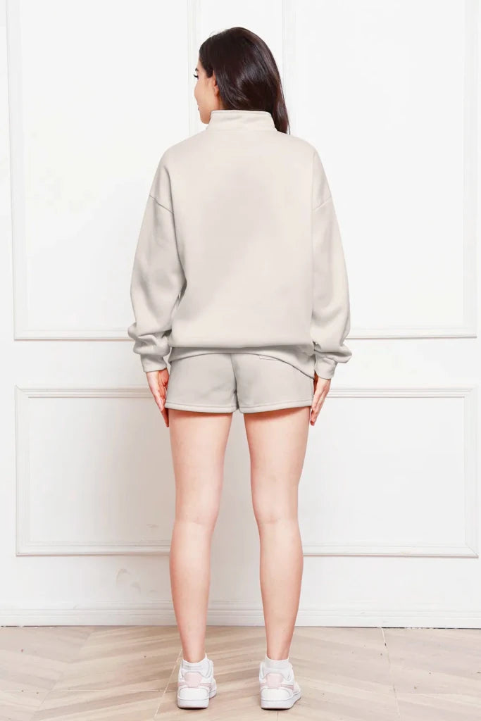 Half-zip long sleeve sweatshirt and drawstring shorts set, alternate product image