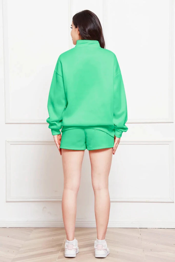 Half-zip long sleeve sweatshirt and drawstring shorts set, alternate product image