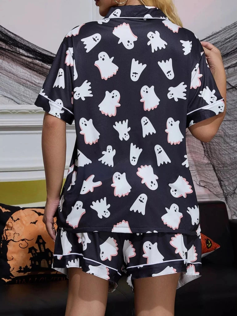 Halloween Ghost Print Button-Down Top and Shorts Lounge Set - Black by Trendsi from FREYA’S CLOSET