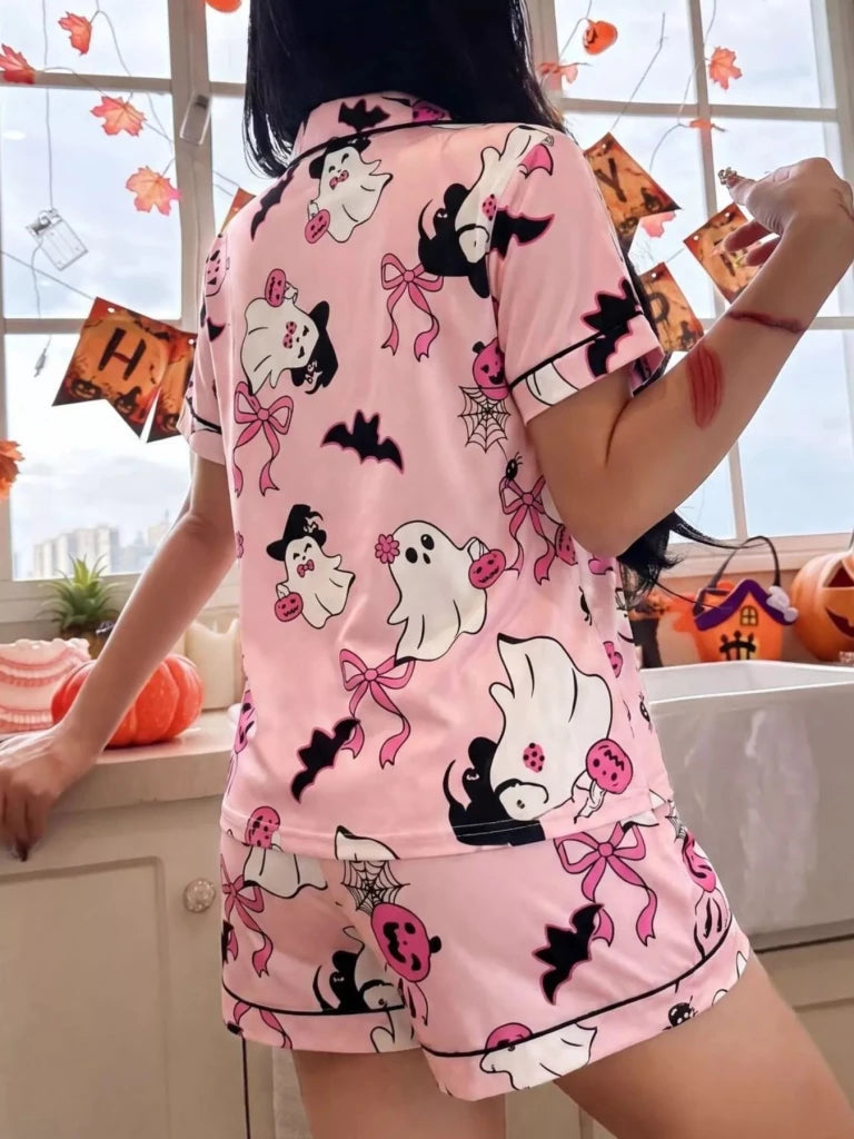 Halloween Ghost Print Button-Down Top and Shorts Lounge Set - Pink by Trendsi from FREYA’S CLOSET