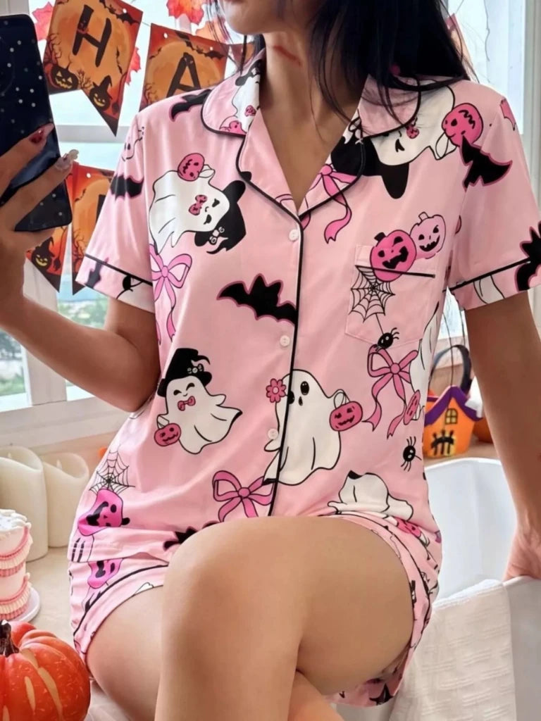 Halloween Ghost Print Button-Down Top and Shorts Lounge Set - Pink by Trendsi from FREYA’S CLOSET