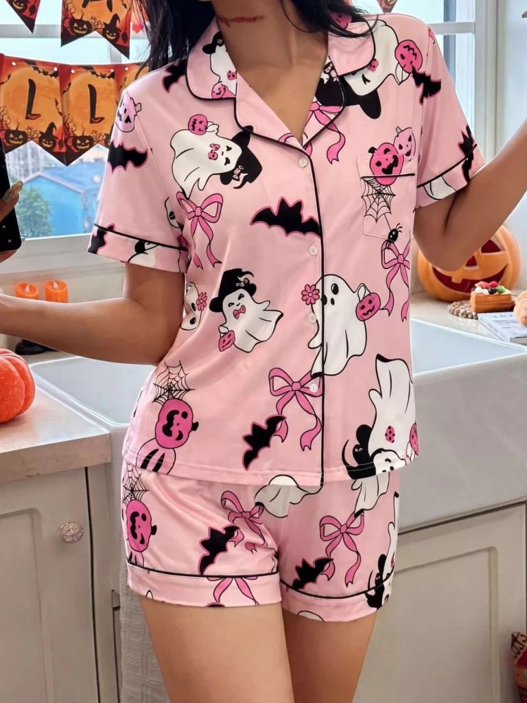 Halloween Ghost Print Button-Down Top and Shorts Lounge Set - Pink by Trendsi from FREYA’S CLOSET