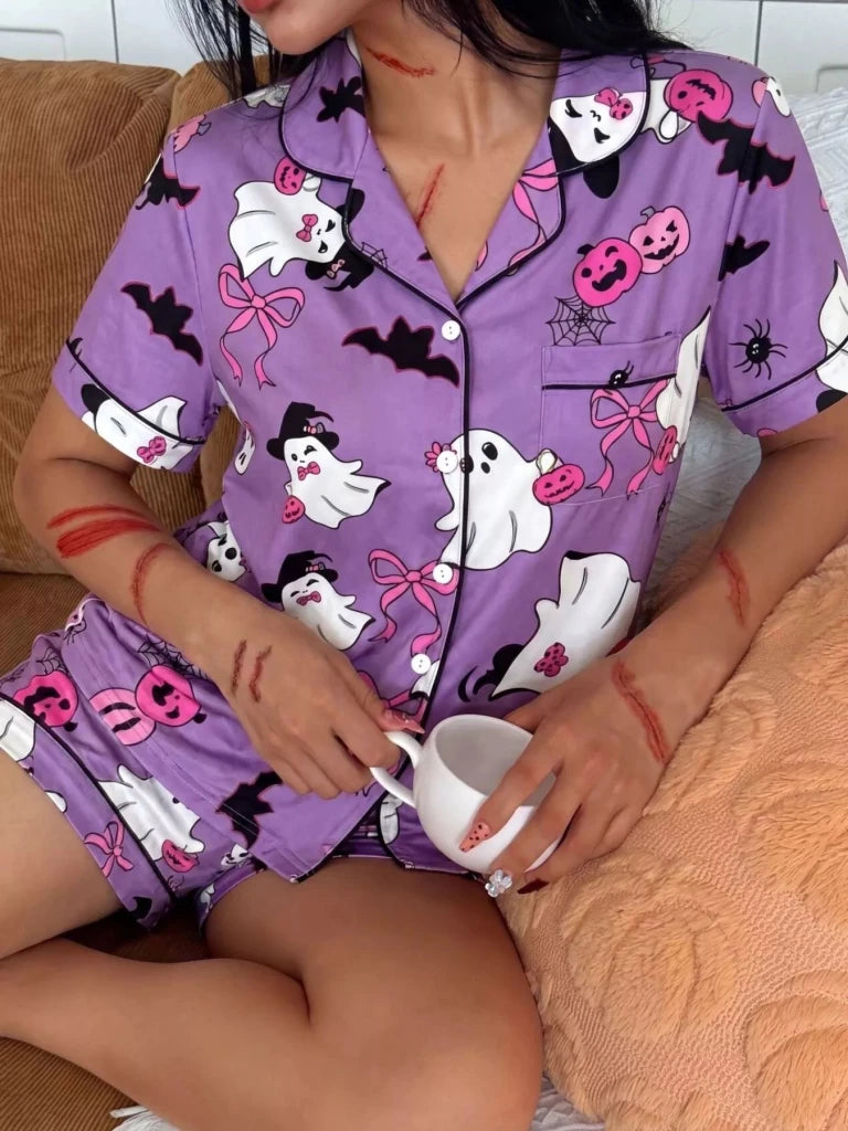 Halloween Ghost Print Button-Down Top and Shorts Lounge Set - Purple by Trendsi from FREYA’S CLOSET