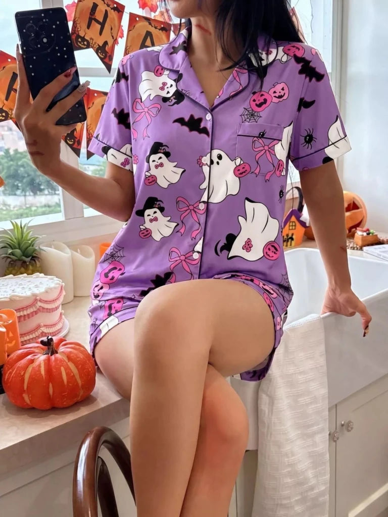 Halloween Ghost Print Button-Down Top and Shorts Lounge Set - Purple by Trendsi from FREYA’S CLOSET