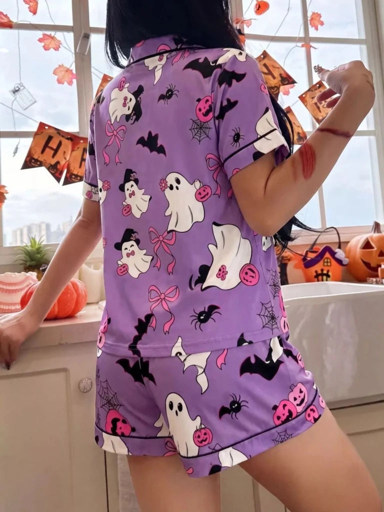 Halloween Ghost Print Button-Down Top and Shorts Lounge Set - Purple by Trendsi from FREYA’S CLOSET