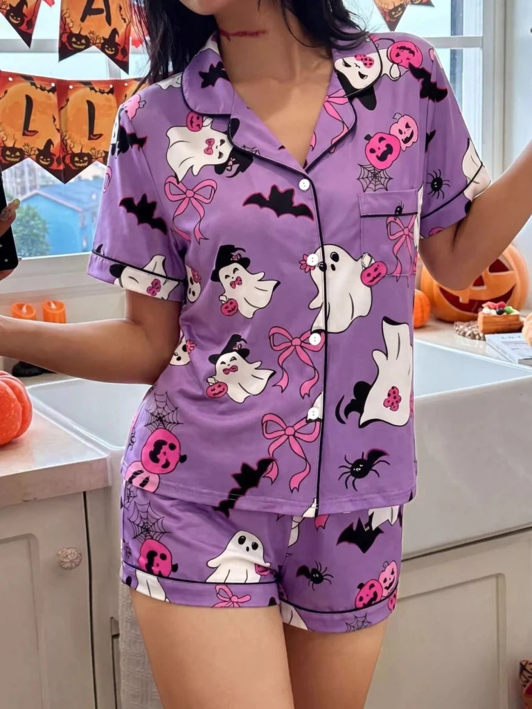 Halloween Ghost Print Button-Down Top and Shorts Lounge Set - Purple by Trendsi from FREYA’S CLOSET