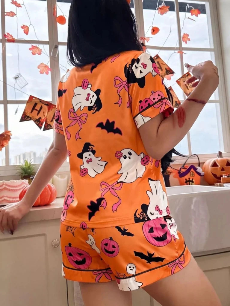 Halloween Ghost Print Button-Down Top and Shorts Lounge Set - Yellow by Trendsi from FREYA’S CLOSET