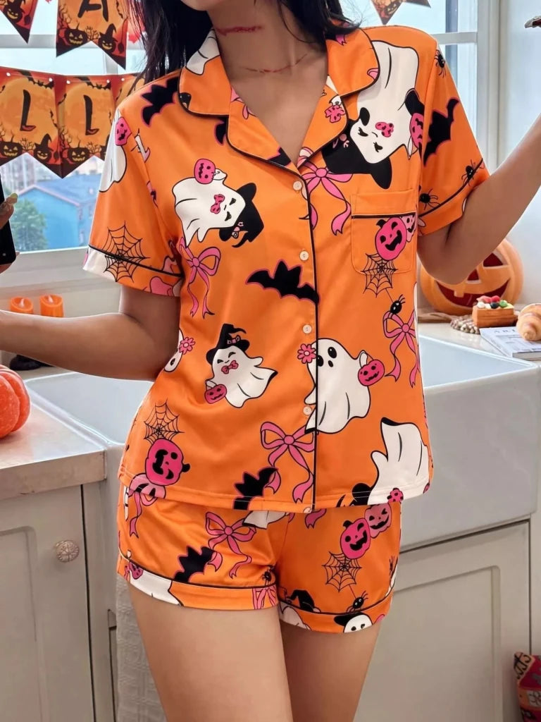 Halloween Ghost Print Button-Down Top and Shorts Lounge Set - Yellow by Trendsi from FREYA’S CLOSET