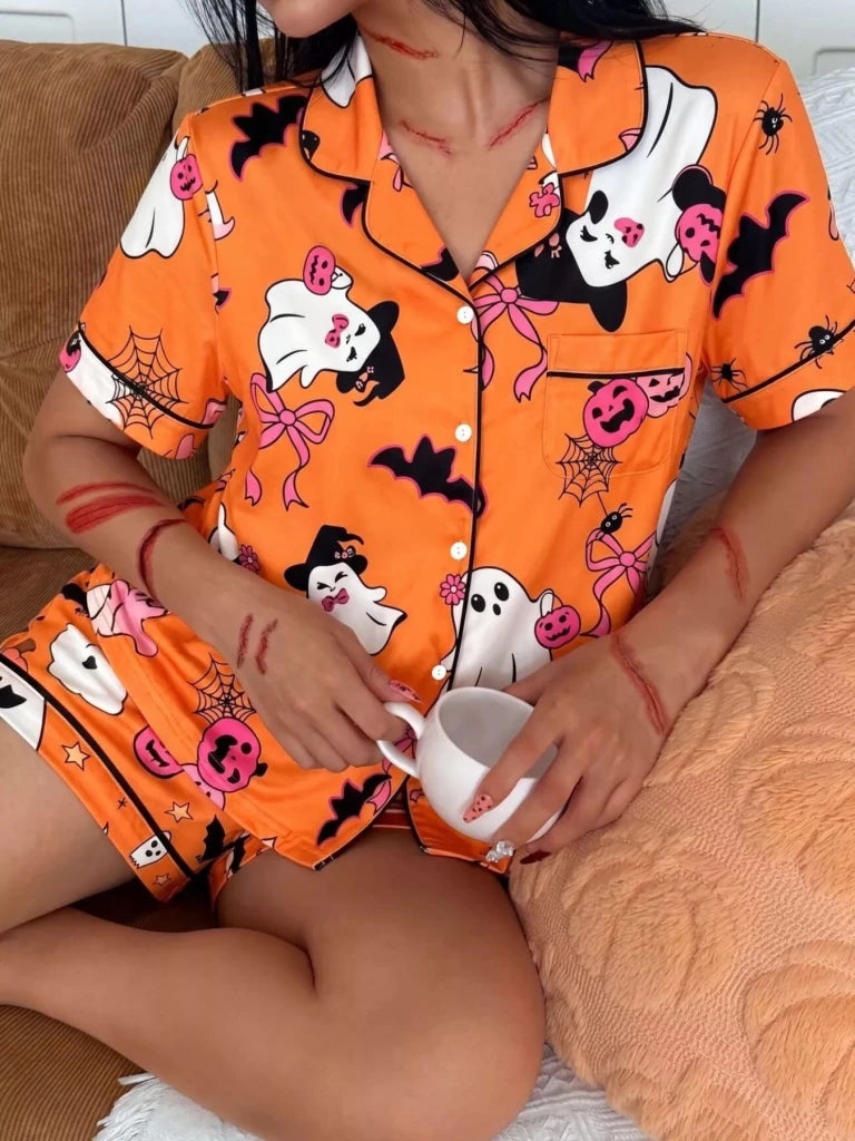 Halloween Ghost Print Button-Down Top and Shorts Lounge Set - Yellow by Trendsi from FREYA’S CLOSET