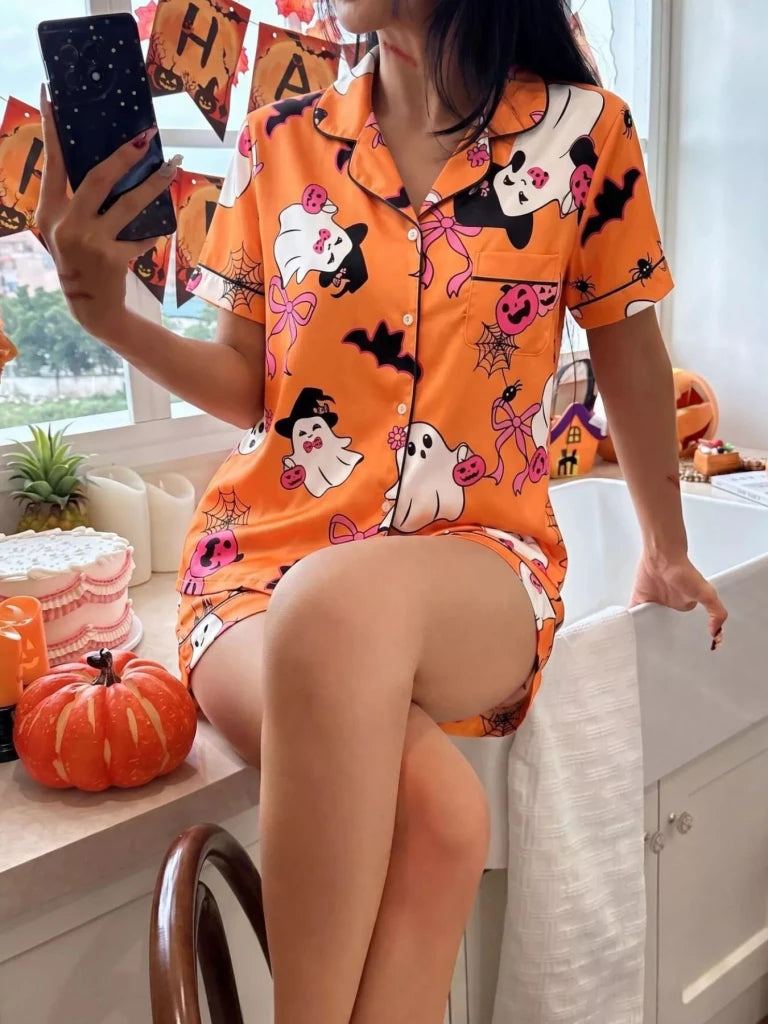 Halloween Ghost Print Button-Down Top and Shorts Lounge Set - Yellow by Trendsi from FREYA’S CLOSET