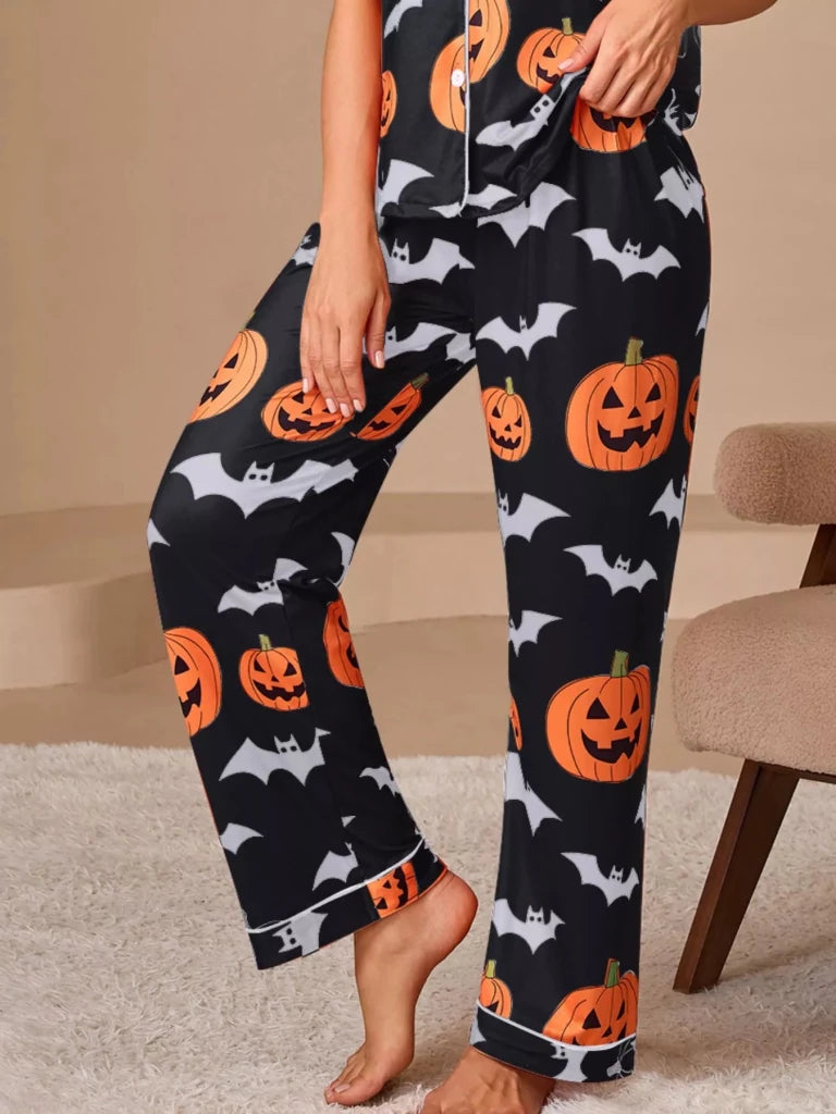 Halloween Pumpkin and Bat Print Button-Down Top and Pants Lounge Set - Black by Trendsi from FREYA’S CLOSET