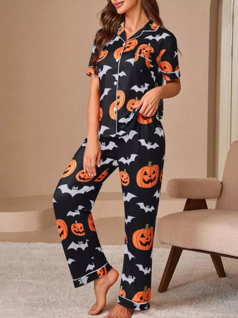 Halloween Pumpkin and Bat Print Button-Down Top and Pants Lounge Set - Black by Trendsi from FREYA’S CLOSET