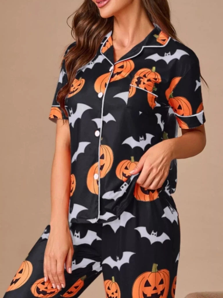 Halloween Pumpkin and Bat Print Button-Down Top and Pants Lounge Set - Black by Trendsi from FREYA’S CLOSET