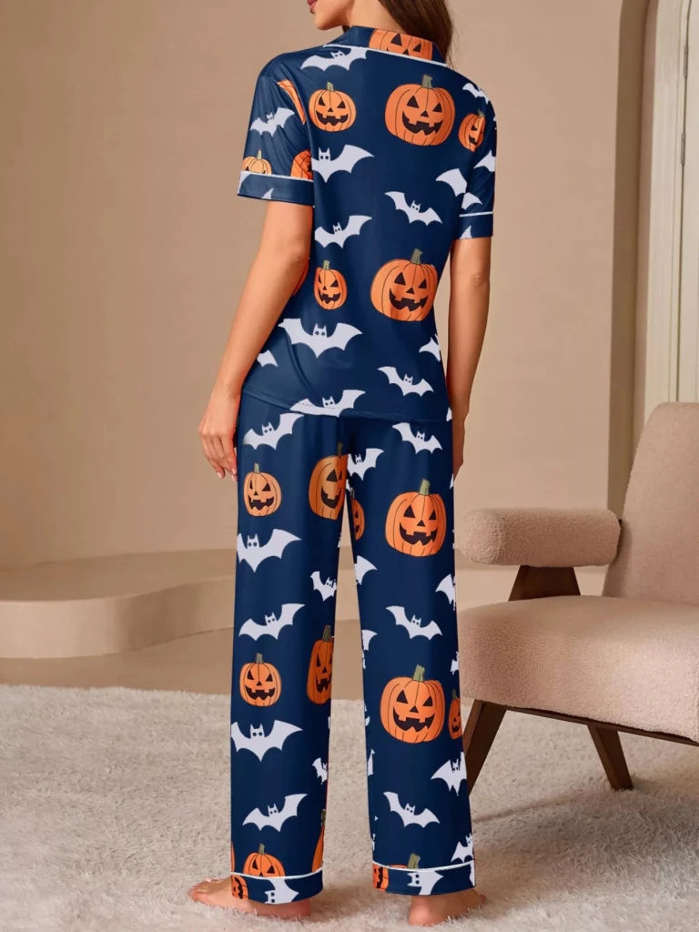 Halloween Pumpkin and Bat Print Button-Down Top and Pants Lounge Set - Navy Blue by Trendsi from FREYA’S CLOSET