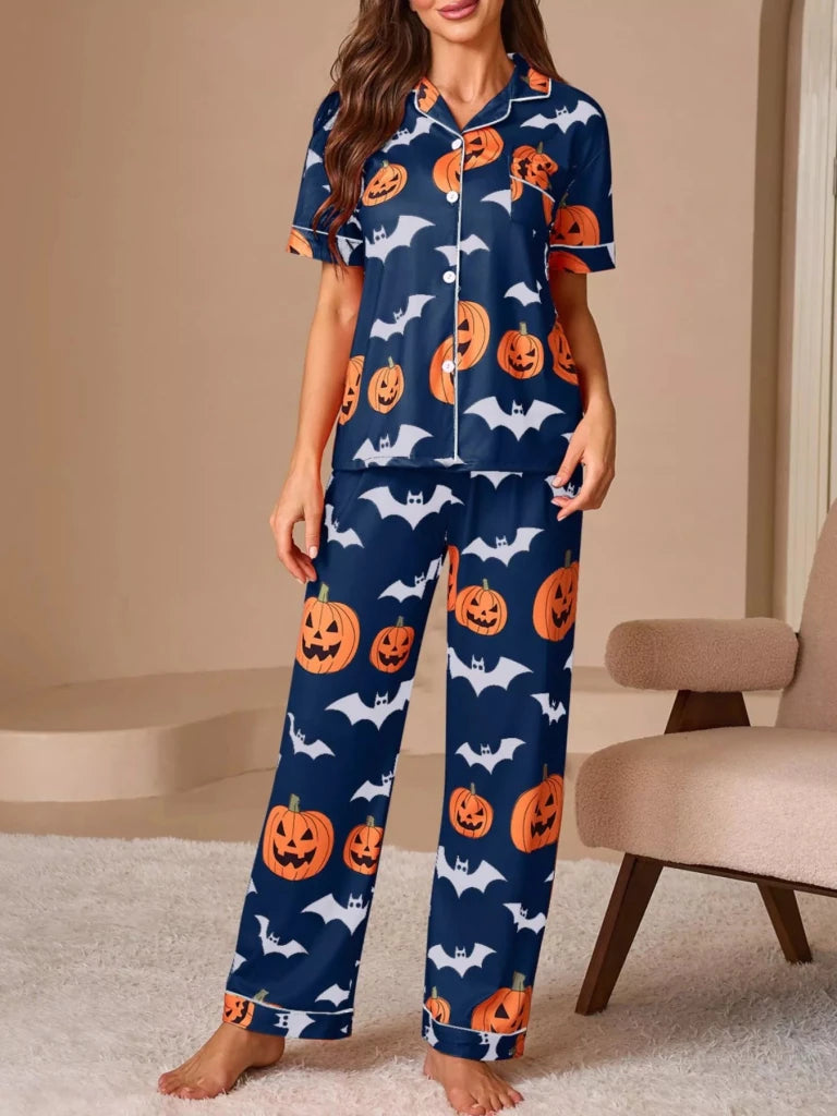 Halloween Pumpkin and Bat Print Button-Down Top and Pants Lounge Set - Navy Blue by Trendsi from FREYA’S CLOSET