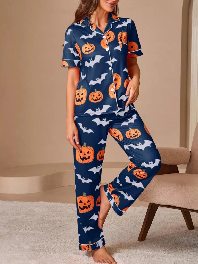 Halloween Pumpkin and Bat Print Button-Down Top and Pants Lounge Set - Navy Blue by Trendsi from FREYA’S CLOSET