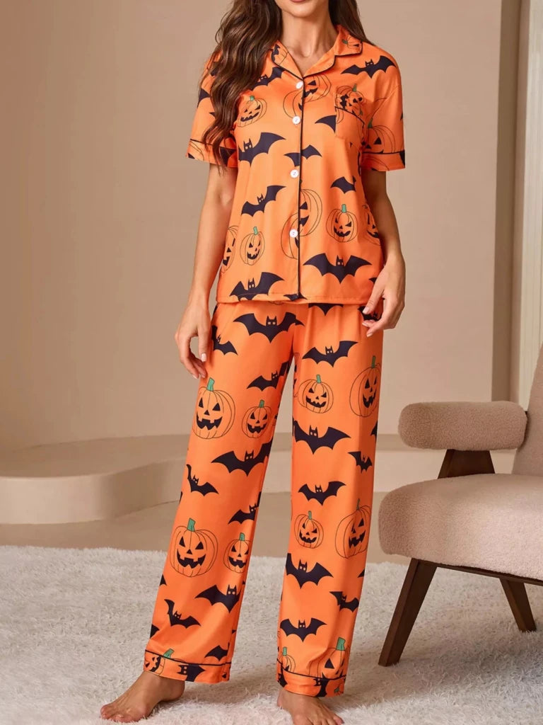 Halloween Pumpkin and Bat Print Button-Down Top and Pants Lounge Set - Orange by Trendsi from FREYA’S CLOSET