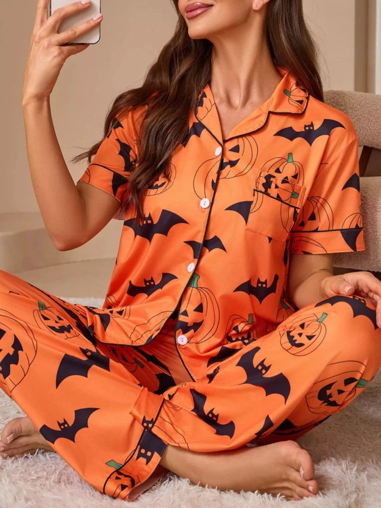 Halloween Pumpkin and Bat Print Button-Down Top and Pants Lounge Set - Orange by Trendsi from FREYA’S CLOSET