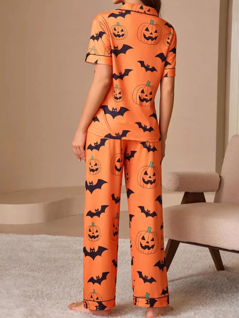 Halloween Pumpkin and Bat Print Button-Down Top and Pants Lounge Set - Orange by Trendsi from FREYA’S CLOSET