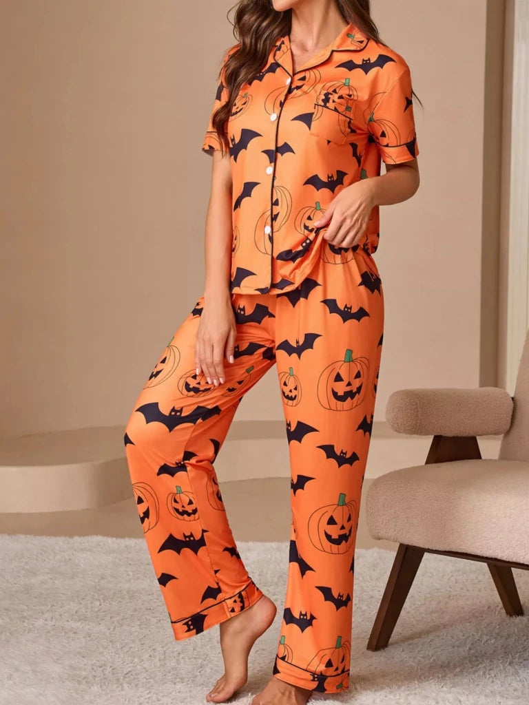Halloween Pumpkin and Bat Print Button-Down Top and Pants Lounge Set - Orange by Trendsi from FREYA’S CLOSET