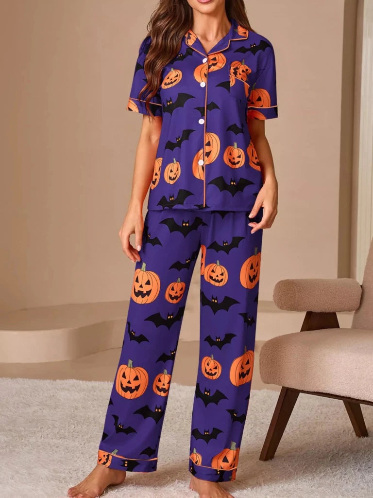 Halloween Pumpkin and Bat Print Button-Down Top and Pants Lounge Set - Purple by Trendsi from FREYA’S CLOSET