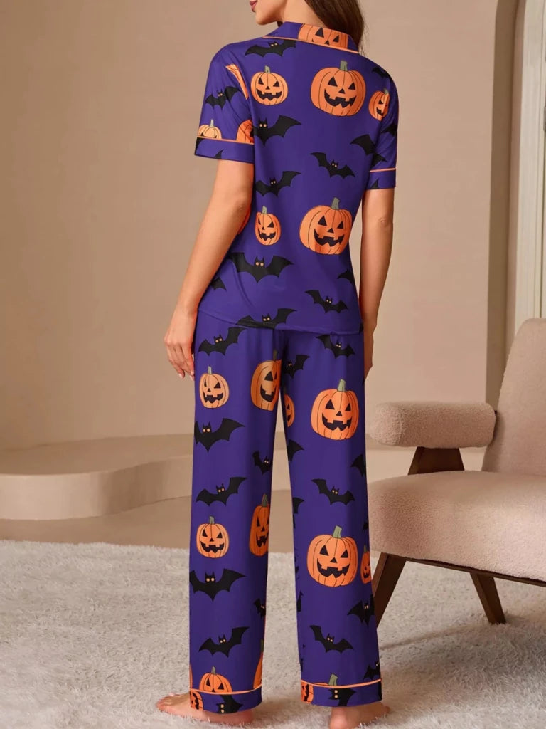 Halloween Pumpkin and Bat Print Button-Down Top and Pants Lounge Set - Purple by Trendsi from FREYA’S CLOSET