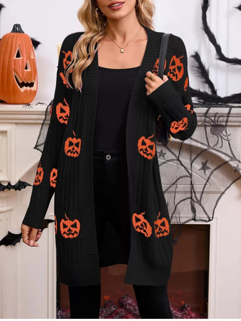 Halloween pumpkin open front knit cardigan