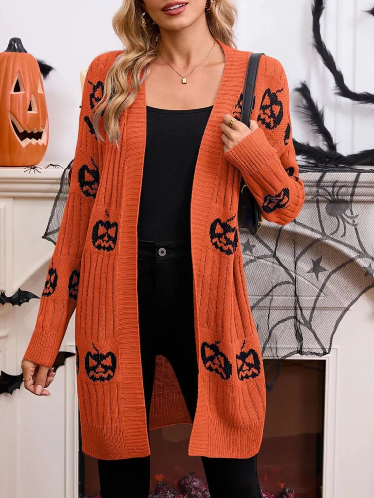 Halloween pumpkin open front knit cardigan, alternate product image