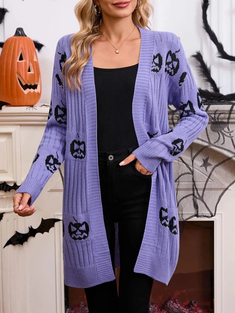 Halloween pumpkin open front knit cardigan, alternate product image