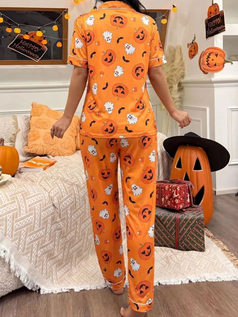 Halloween pumpkin print button-down top and pants set, alternate product image