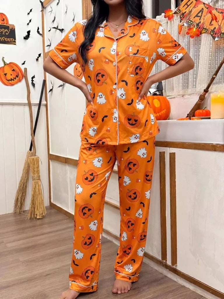 Halloween pumpkin print button-down top and pants set, alternate product image