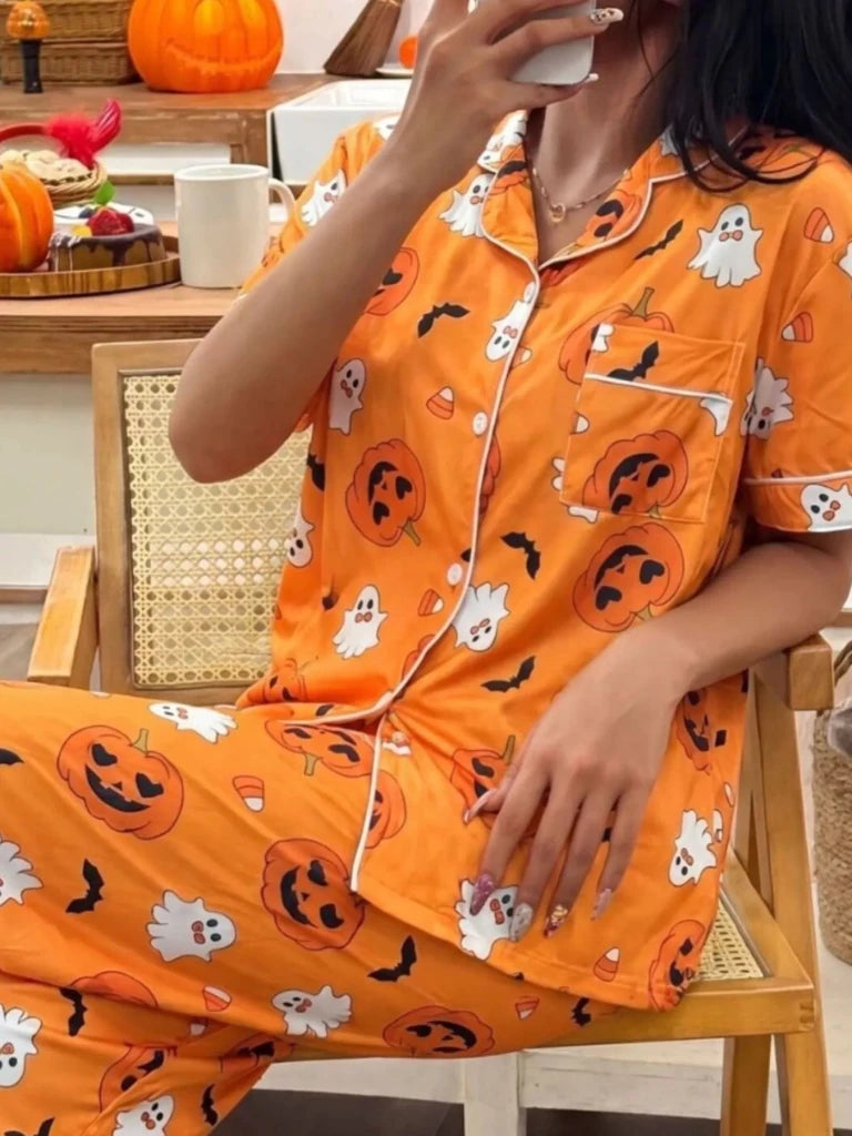 Halloween pumpkin print button-down top and pants set, alternate product image