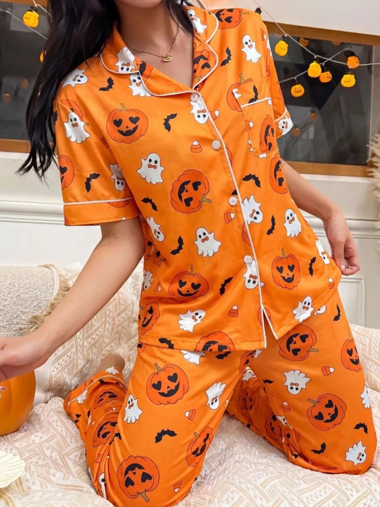 Halloween pumpkin print button-down top and pants set, alternate product image