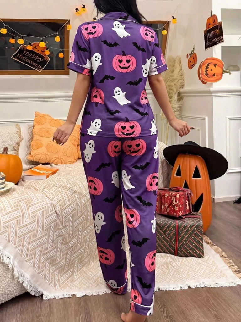 Halloween pumpkin print button-down top and pants set, alternate product image