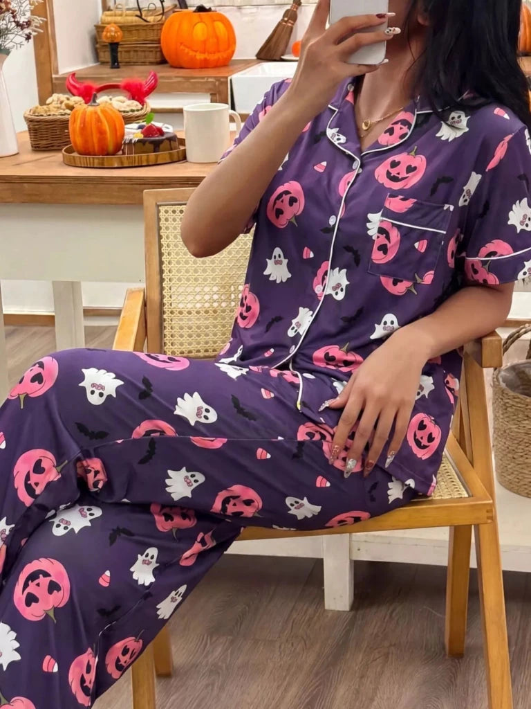 Halloween pumpkin print button-down top and pants set, alternate product image