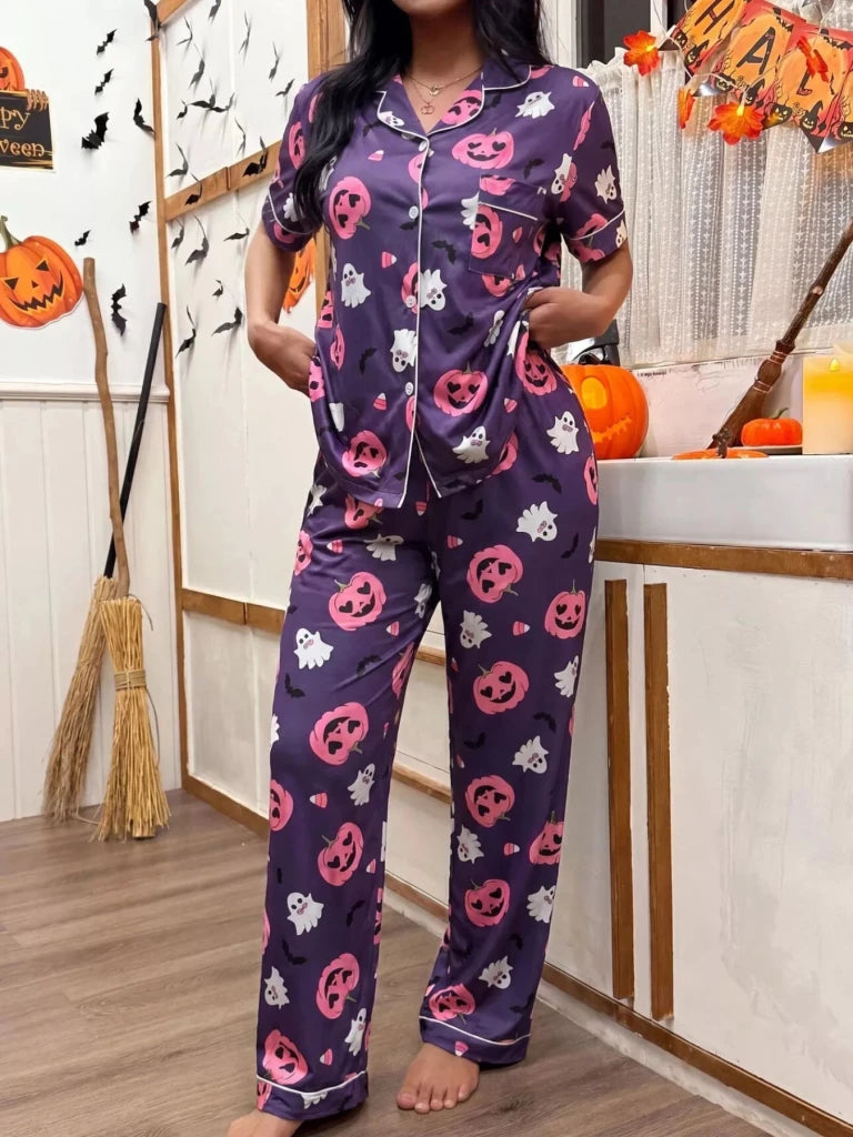 Halloween pumpkin print button-down top and pants set, alternate product image