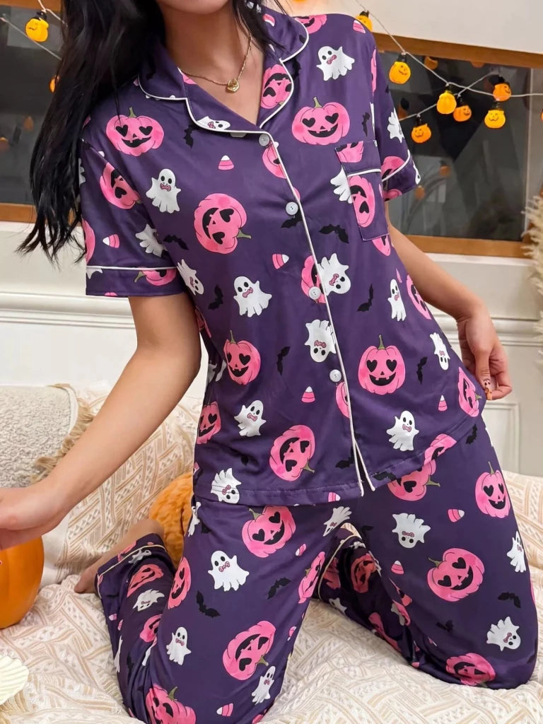 Halloween pumpkin print button-down top and pants set, alternate product image