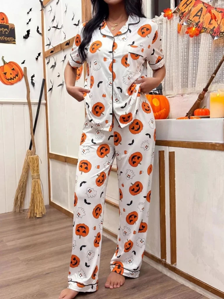 Halloween pumpkin print button-down top and pants set